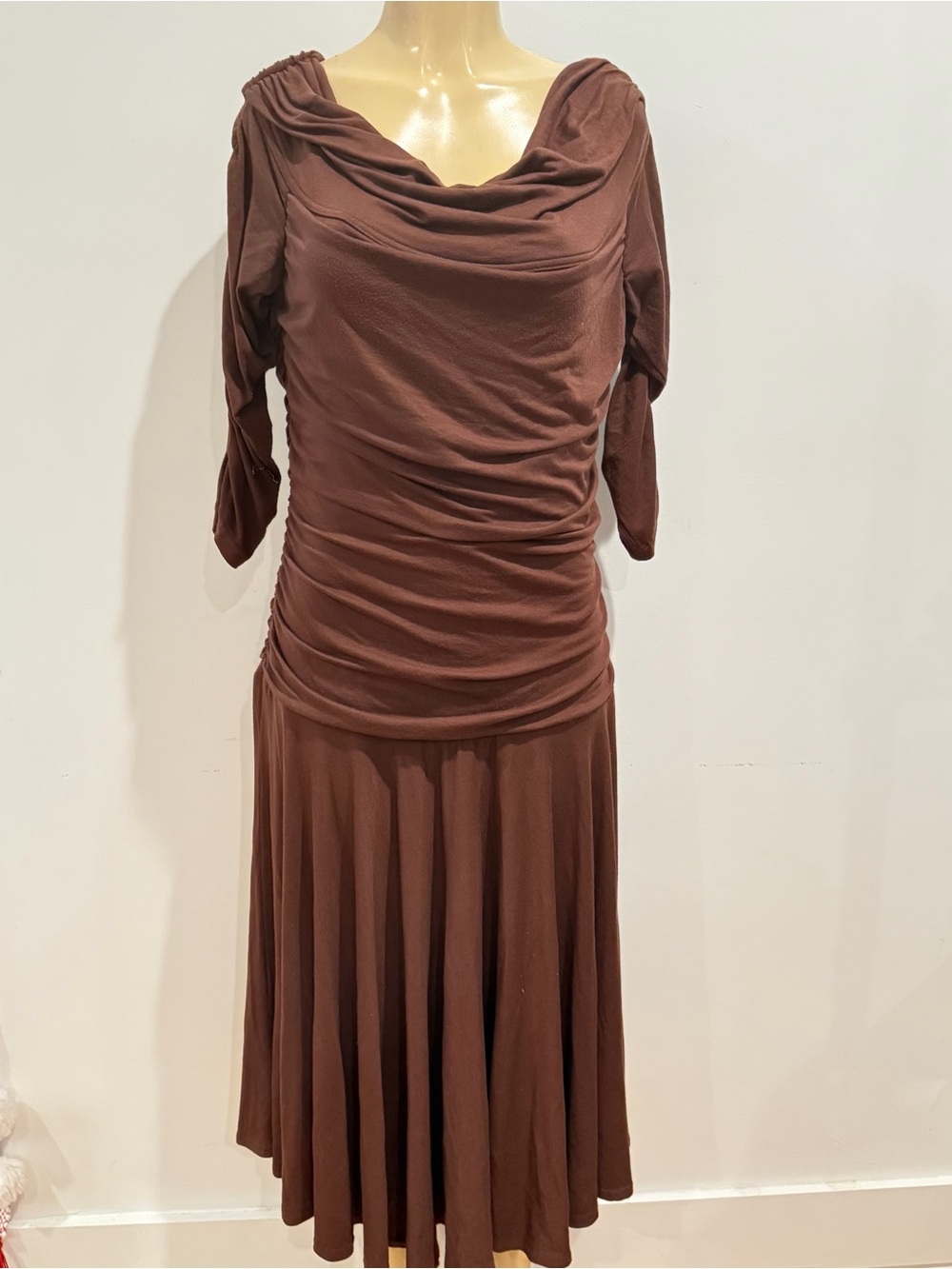 Melissa Masse Off Shoulder Ruched Midi Jersey Dress Sz XL Brown Minimalist